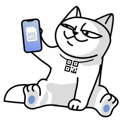 кіт тримає телефон, на якому зображена сімка
